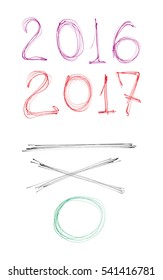 Handwritten by Ink Pen 2017, 2016 Vector Illustration. For New Year Greeting Card, Poster or Calendar. Isolated.