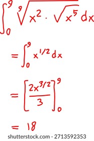 Integral de cálculo manuscrito que muestra la simplificación de la raíz cuadrada y la integración definida de 0 a 9, ilustrando la solución matemática paso a paso sobre fondo blanco.