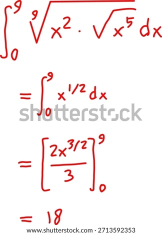 Handwritten calculus integral showing square root simplification and definite integration from 0 to 9, illustrating step-by-step math solution on white background.