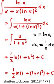 Handwritten calculus integration solution using natural logarithm substitution, showing step by step derivation with equations on a clean white background.