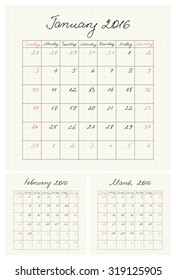 Handwritten calendar for 2016