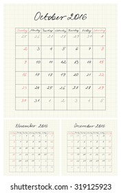 Handwritten calendar for 2016