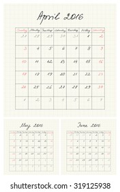 Handwritten calendar for 2016