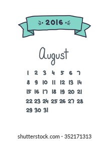 handwritten calendar 2016. August. vector illustration