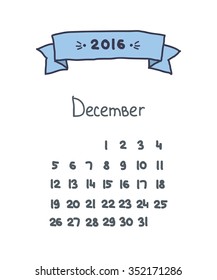handwritten calendar 2016. December. vector illustration