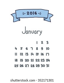 handwritten calendar 2016. January. vector illustration