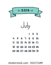 handwritten calendar 2016. July. vector illustration