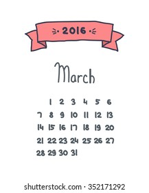 handwritten calendar 2016. March. vector illustration