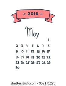 handwritten calendar 2016. May. vector illustration