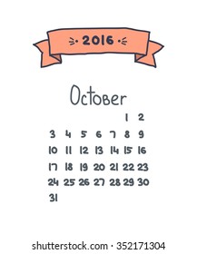 handwritten calendar 2016. October. vector illustration
