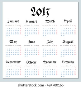 handwritten calendar in the Gothic style. vector illustration isolated on a white background. Week Starts monday