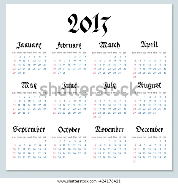 Handwritten Calendar Gothic Style Vector Illustration Stock Vector