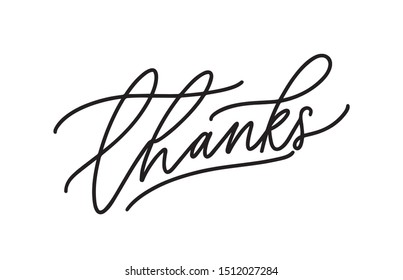 Handwritten callicraphic grateful word Thanks. Elegant cursive lettering isolated on white background. Ink pen ornate hand written inscription with swirls. Decorative vector illustration.