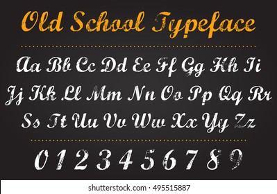 Handwritten calligraphic alphabet design. Letters and numbers with a background. Old school typeface