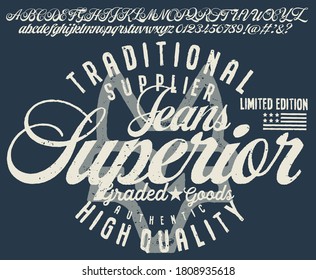 Handwritten calligraphic alphabet for t-shirt or apparel. Vintage brush script lettering font.Textured unique brush in alphabet style.Old school vector graphic for fashion and printing.