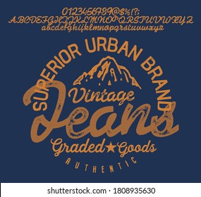 Handwritten calligraphic alphabet for t-shirt or apparel. Vintage brush script lettering font.Textured unique brush in alphabet style.Old school vector graphic for fashion and printing.