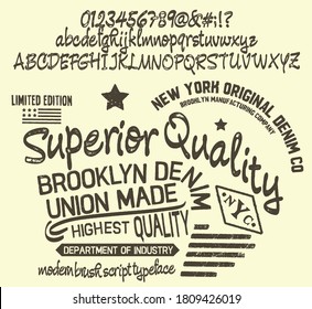 Handwritten calligraphic alphabet for t-shirt or apparel. Vintage brush script lettering font.Textured unique brush in alphabet style.Old school vector graphic for fashion and printing.
