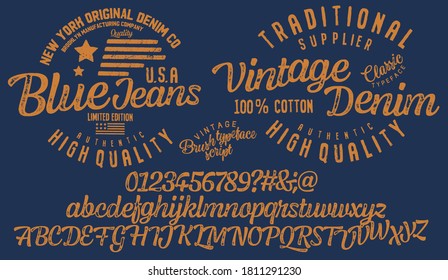 Handwritten calligraphic alphabet for t-shirt or apparel. Vintage brush script lettering font.Textured unique brush in alphabet style.Old school vector graphic for fashion and printing.