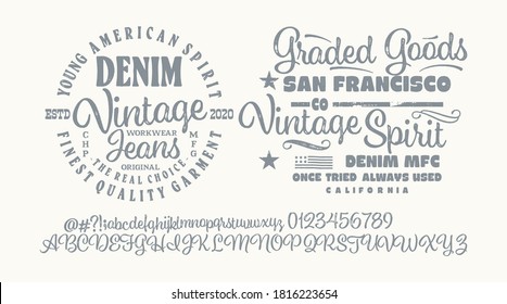 Handwritten calligraphic alphabet for t-shirt or apparel. Vintage brush script lettering font.Textured unique brush in alphabet style.Old school vector graphic for fashion and printing.