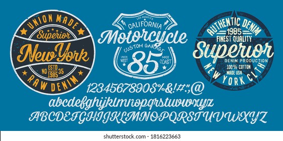 Handwritten calligraphic alphabet for t-shirt or apparel. Vintage brush script lettering font.Textured unique brush in alphabet style.Old school vector graphic for fashion and printing.