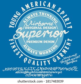 Handwritten calligraphic alphabet for t-shirt or apparel. Vintage brush script lettering font.Textured unique brush in alphabet style.Old school vector graphic for fashion and printing.