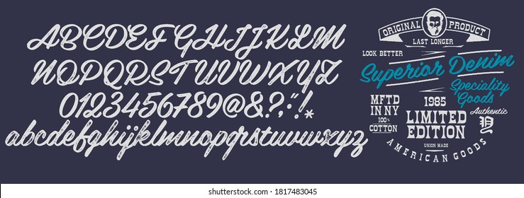 Handwritten calligraphic alphabet for t-shirt or apparel. Vintage brush script lettering font.Textured unique brush in alphabet style.Old school vector graphic for fashion and printing.