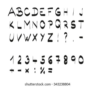 Handwritten calligraphic black alphabet font which includes letter, numbers and math symbols