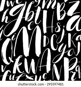 Handwritten calligraphic font seamless background. Modern brush lettering. Hand drawn vector alphabet.