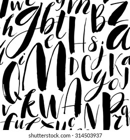 Handwritten calligraphic font seamless background. Modern brush lettering. Hand drawn vector alphabet.