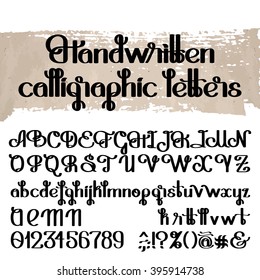 Handwritten calligraphic script. Ornate graphic alphabet. Vector font. Uppercase and lowercase letters and numerals isolated on white background