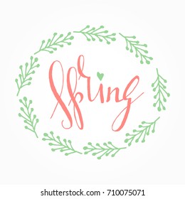 Handwritten calligraphic Spring lettering on white background. Inspiration decorative graphic design element for banner, greeting card, postcard, invitation, poster. Vector illustration.