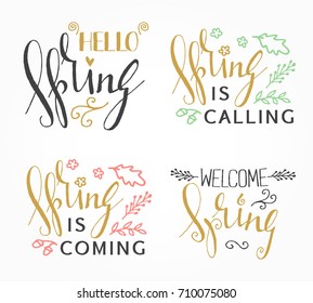 Handwritten calligraphic Spring lettering set on white background. Inspiration decorative graphic design element for banner, greeting card, postcard, invitation, poster. Vector illustration.
