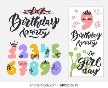 Handwritten calligraphy, banner Birthday party and numbers icons. Vector illustration of Little Princess text for girls clothes. Lettering poster EPS10
