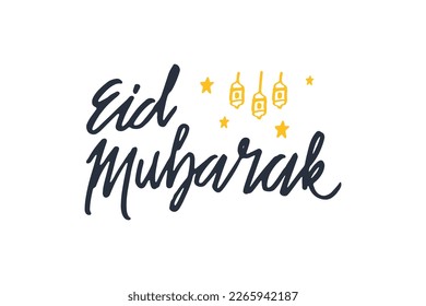Handwritten or calligraphy of eid mubarak. Yellow mosque color.
