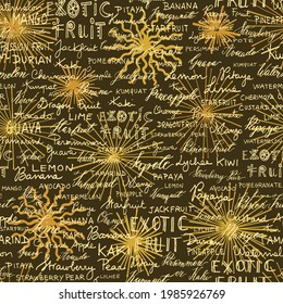 Hand-written calligraphy exotic fruit names background on sunburst shapes. Seamless vector pattern design.