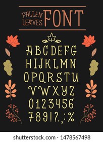 Handwritten calligraphy font Fallen Leaves. Set of alphabet and decorative elements like fallen autumn leaves. Vector isolated graphic design elements and Illustration. Autumn, typeface, alphabet