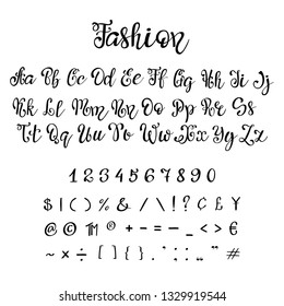Handwritten calligraphy font. Vector alphabet. Hand drawn letters.
Script font. Isolated letters and numbers written with marker or ink. Lettering.