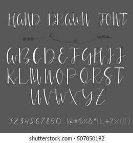 Handwritten calligraphy ink font. Unique alphabet. Isolated letters. Can be used for wedding invitation, menu, save the date, postcard, poster, decorative graphic design. Vector lettering.