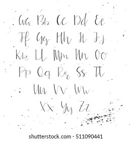 Handwritten calligraphy ink font. Unique alphabet. Isolated letters. Can be used for wedding invitation, menu, save the date, postcard, poster, decorative graphic design. Vector lettering.