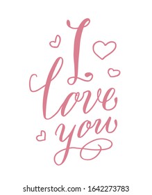 handwritten calligraphy love title with small hearts around to valentines day, wedding typography, photo album or romantic design, brush modern calligraphy. pink on white background. eps10