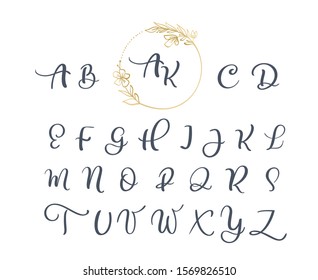Handwritten calligraphy monogram alphabet. Cursive font with flourishes wreath. Cute Isolated letters. For postcard or poster decorative graphic design