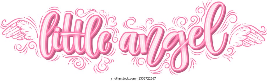 Handwritten calligraphy phrase little angel with angelic wings and crown decorations in pink. Congratulation card, banner, poster, vector illustration