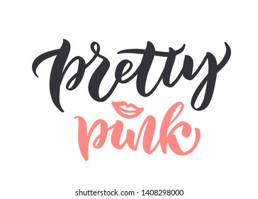 Handwritten calligraphy "Pretty pink" Vector illustration of Little Princess text for girls clothes. Little Feminine  EPS10. Lettering for birthday party, posters background, postcard, banner, etc.