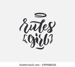 Handwritten calligraphy "Rules girl" Vector illustration of Little Princess text for girls clothes. Little Feminine. Typography poster EPS10. Lettering for birthday party, posters background, postcard