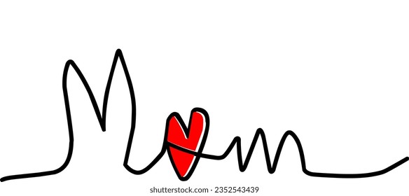 Handwritten calligraphy text "Mom" with red heart shape isolated on white background.