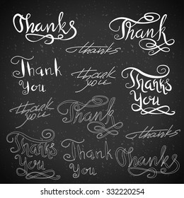 Handwritten calligraphy. Vector set of Thank You. Typography isolated text elements on blackboard. 