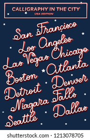 Handwritten calligraphy vector USA city names:San Francisco, Los Angeles, Las Vegas, Chicago, Boston, Atlanta, Detroit, Dallas, Niagara, Denver,Seattle with navy blue background and 3D effect shadow