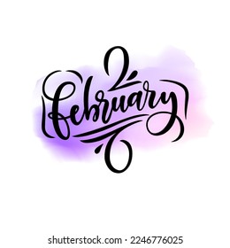 Handwritten calligraphy of winter month FEBRUARY on isolated watercolor background. Vector illustration with lettering. Letters drawn with brush. Calendar typography template. Hello February.