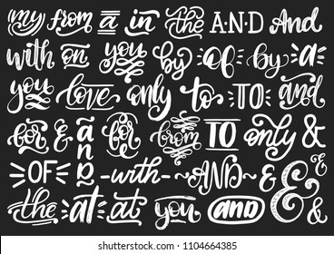 Handwritten catchwords and ampersands vector set. Calligraphy collection of different conjunctions, prepositions, words on black background.