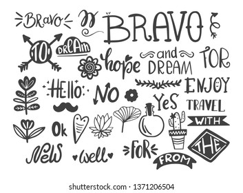 Handwritten catchwords and collection of different conjunctions, prepositions vector set